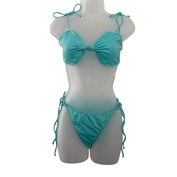 NWT PacSun Eco Blue Ilyssa Glimmer Tie Side Bikini, large - Picture 3 of 16